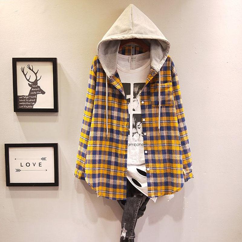 Spring and Autumn Women's Fashion Commuter Hooded Plaid Shirt Mid Length Spliced Cotton Shirt Versatile Comfortable Coat