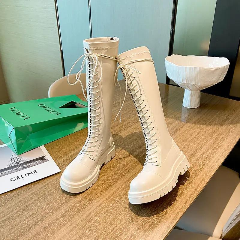 New Thicken Winter Knight Boots Women Knee High Long Square Heel Retro Motorcycle Black White Botas Mujer