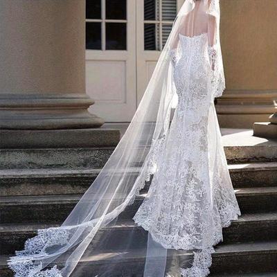1 adet Romantik, Hafif 3 Metre Dantel Kenarlı Gelin Düğün Duvağı, Açık Hava, Çim, Kilise Düğün Fotoğrafçılığı için Zarif
