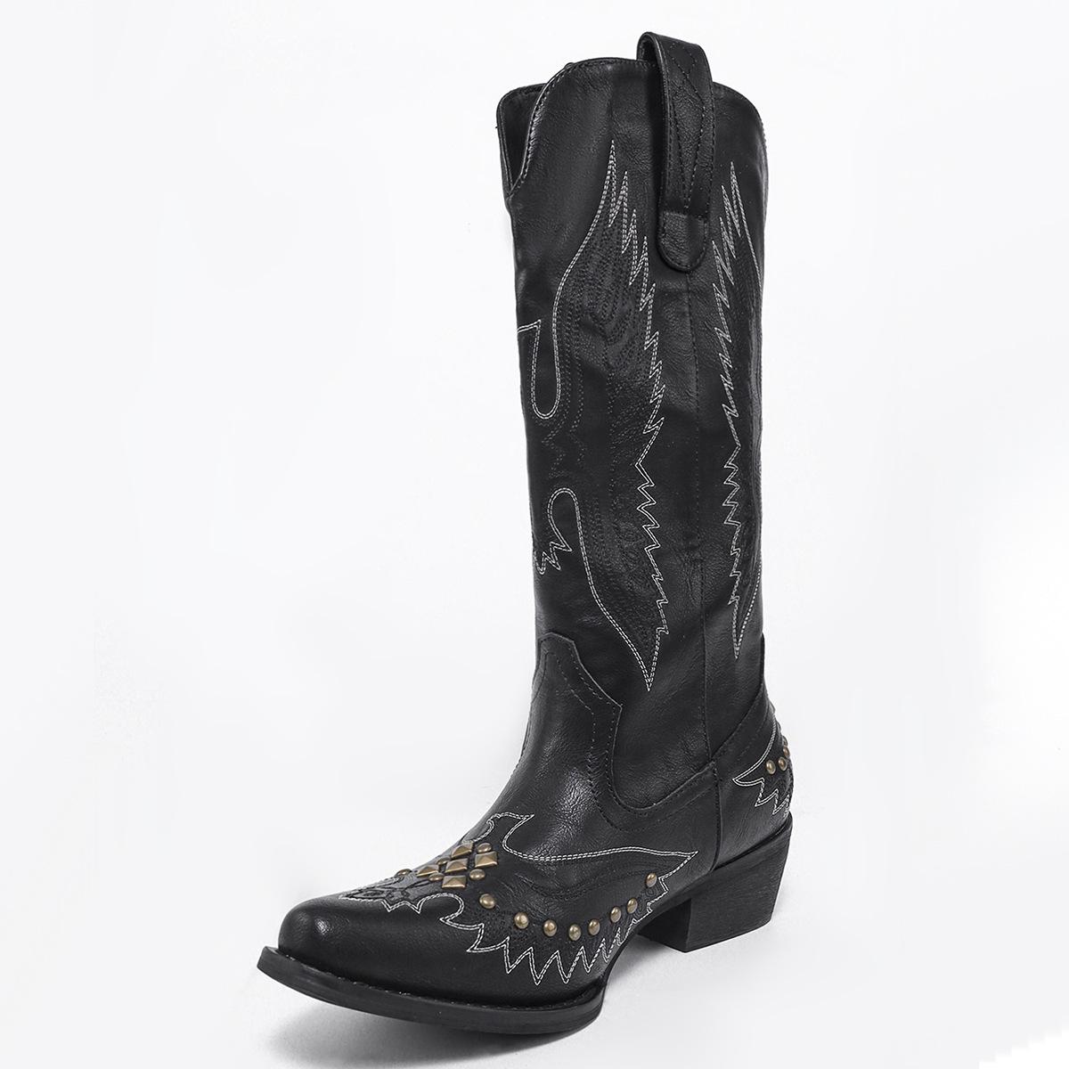 

Вышитые ковбойские сапоги в американском стиле с квадратным носком и массивным каблуком, размеры США 34-46, до середины икры, натягивающиеся 44 чёрный