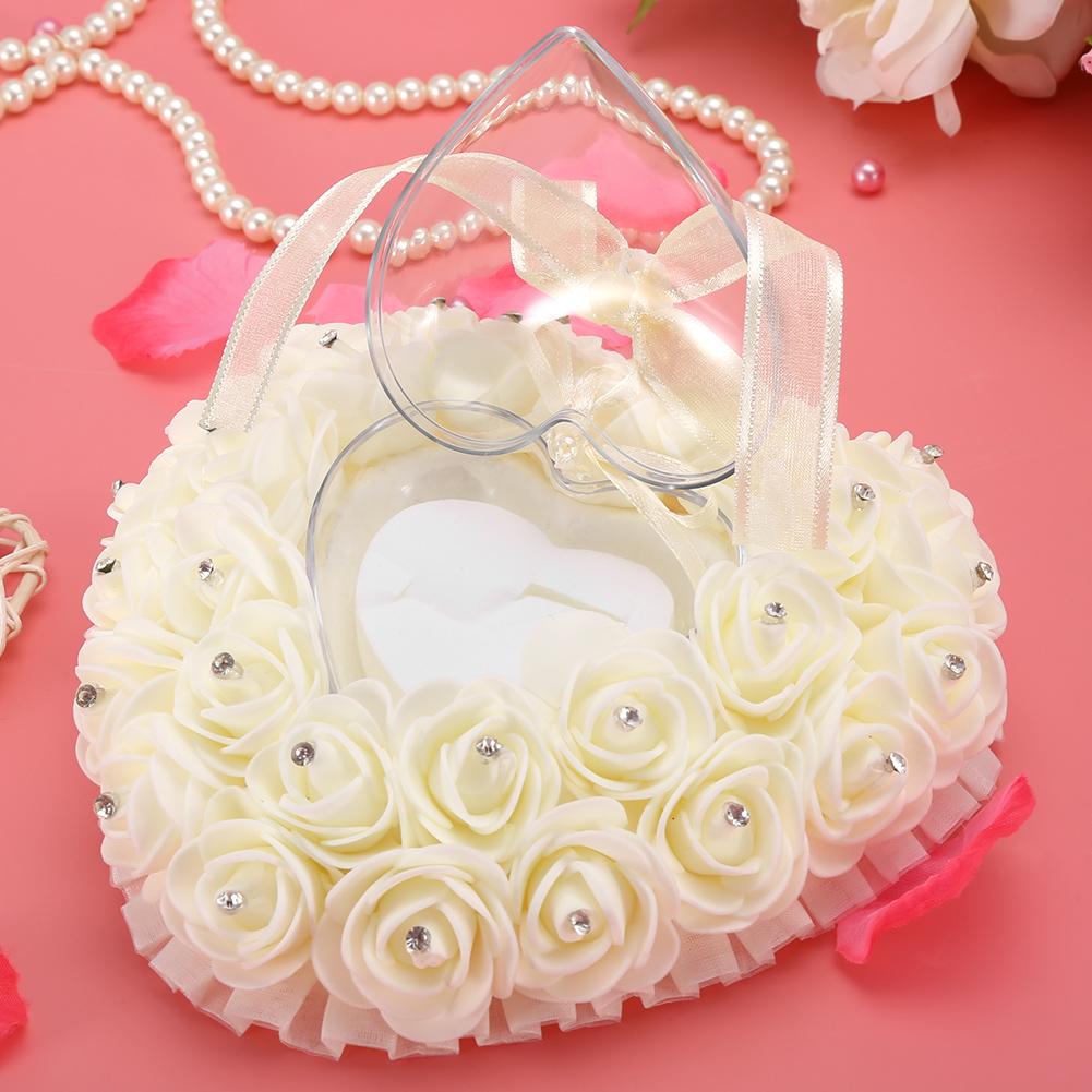 Boîte de Mariage Romantique en Forme de Cœur Décorée de Strass Coussin(blanc)