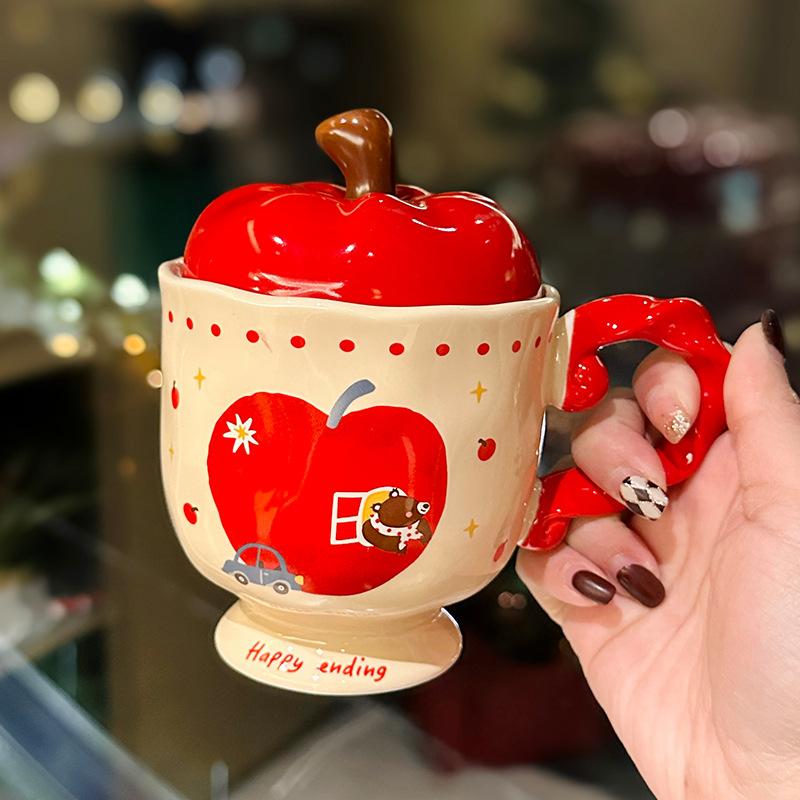 

Cute Cartoon Bear Apple Goblet with Lid Cute Ceramic Mug As Gift for Best Friend Water Cup As Souvenir 400ml