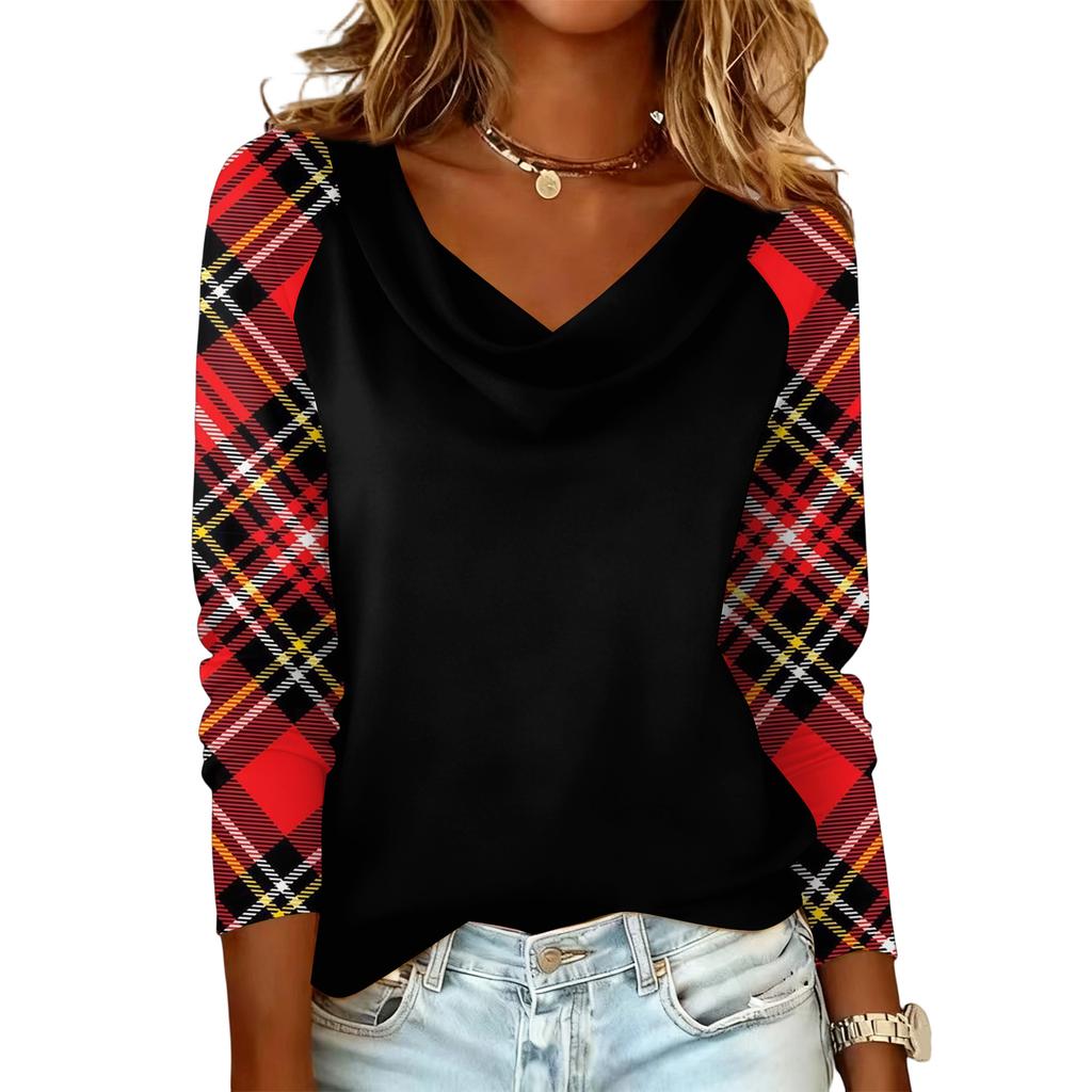 Ladies' Plaid Printed Casual and Fashionable Long Sleeved Pullover Top