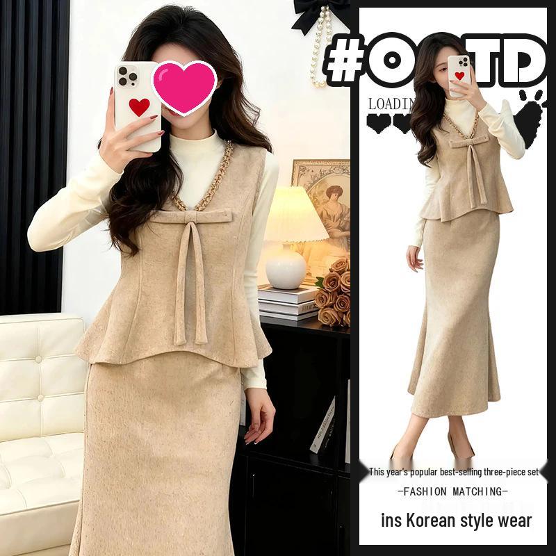 

Chic Women s Three-Piece Set: Spring/Autumn Slim Base Layer, Vest & Fishtail Skirt 2XL [suggested 125-140 jin]