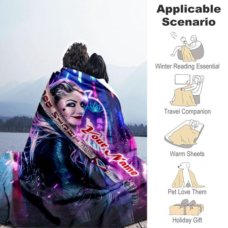 1PC Custom Name Cyberpunk Neon Dreams flannel blanket versatile, all-season throw suitable for the living room, bedroom, camping, travel, and gift
