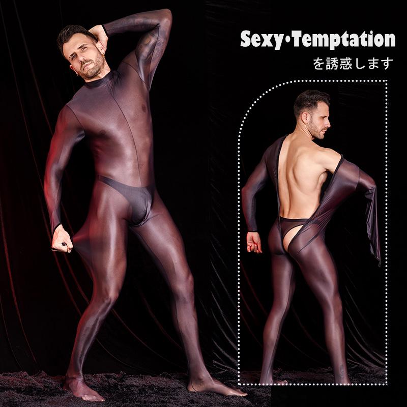 Tuta da uomo sexy, collant lucidi e lucidi, maniche lunghe, tute elastiche alte, body esotico, tuta sottile e trasparente, calze autoreggenti