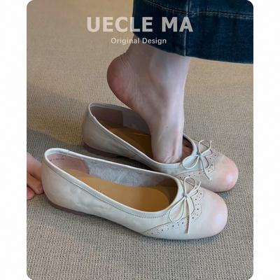 Sheepskin Version~ French Single Shoes Women's Bow Retro Ballet Flat Bottom Shallow Mouth Shoes Engraved Beautiful Mary Jane Shoes