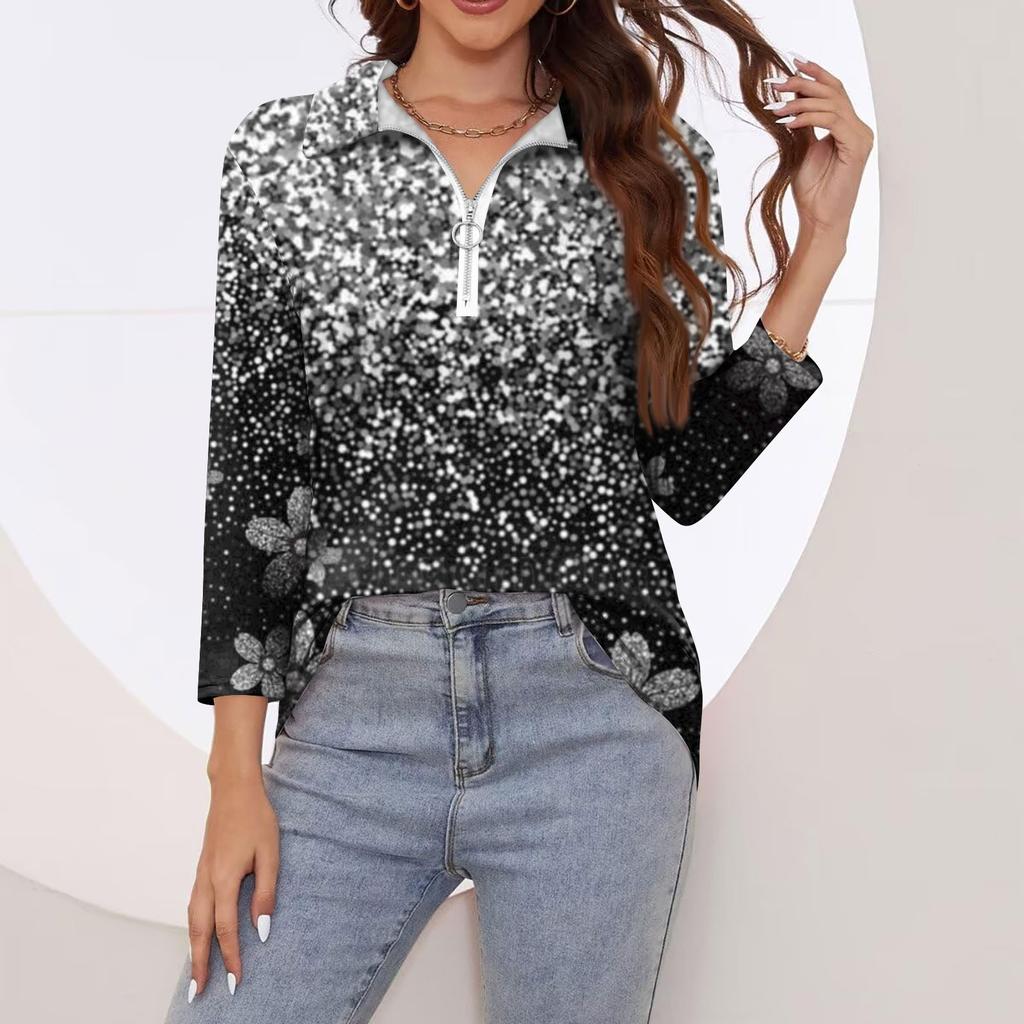 Women's Summer Fashion Casual Printed V-Neck Seven-Point Sleeve   Shirt Top