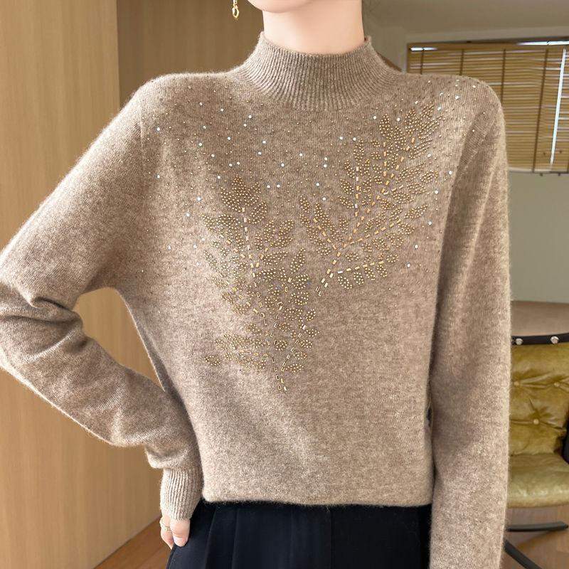 Heavy-duty Hot-drilled Half-turtleneck Women Bottoming Shirt Mid-collar Loose Coat Woolen Sweater