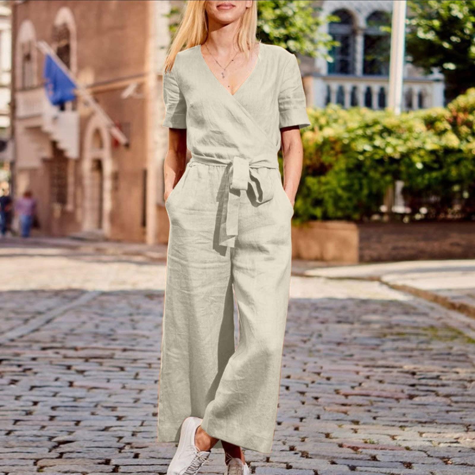 

Women s Color Casual Loose Jumpsuit Short Sleeve Loose Casual Long Pants With Belt S бежевый