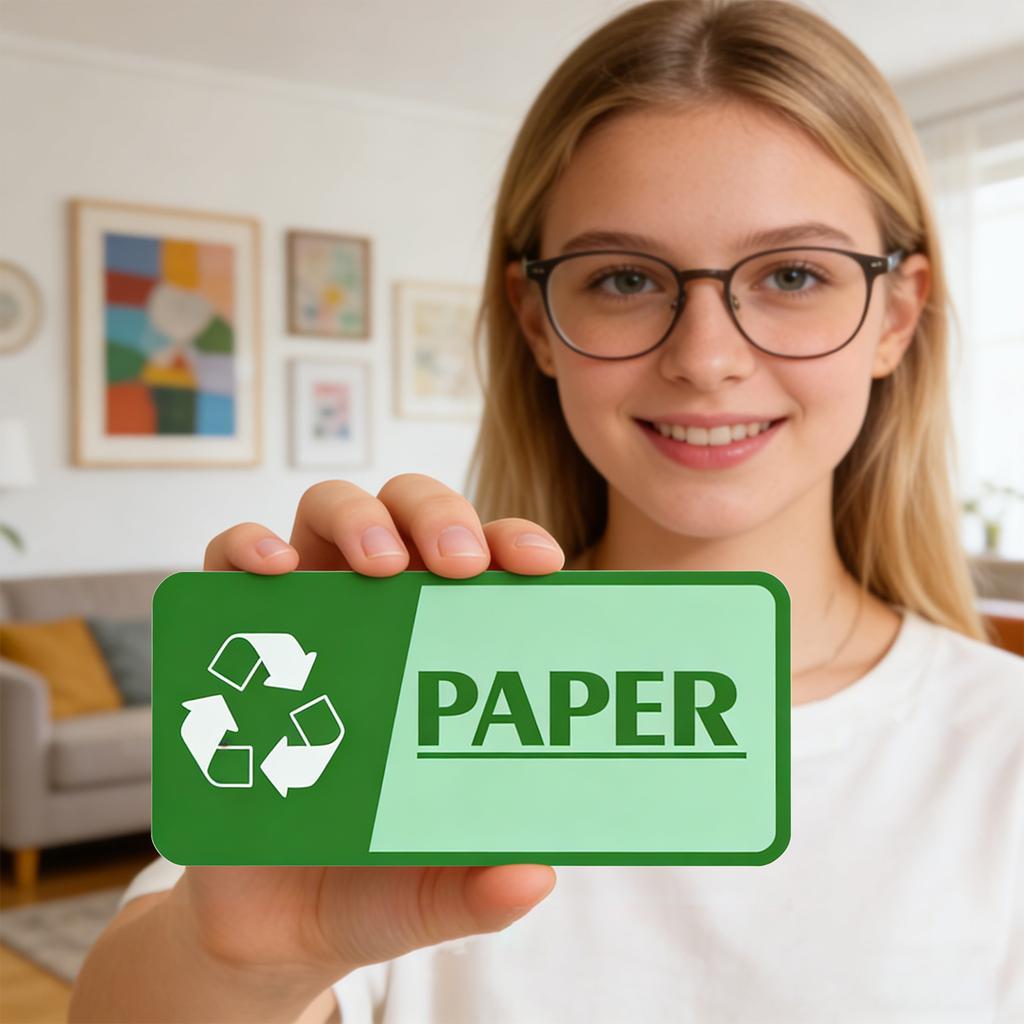 Four Self Adhesive, And Fade Resistant Recycling Stickers For Trash Cans In Schools, And Public Places.