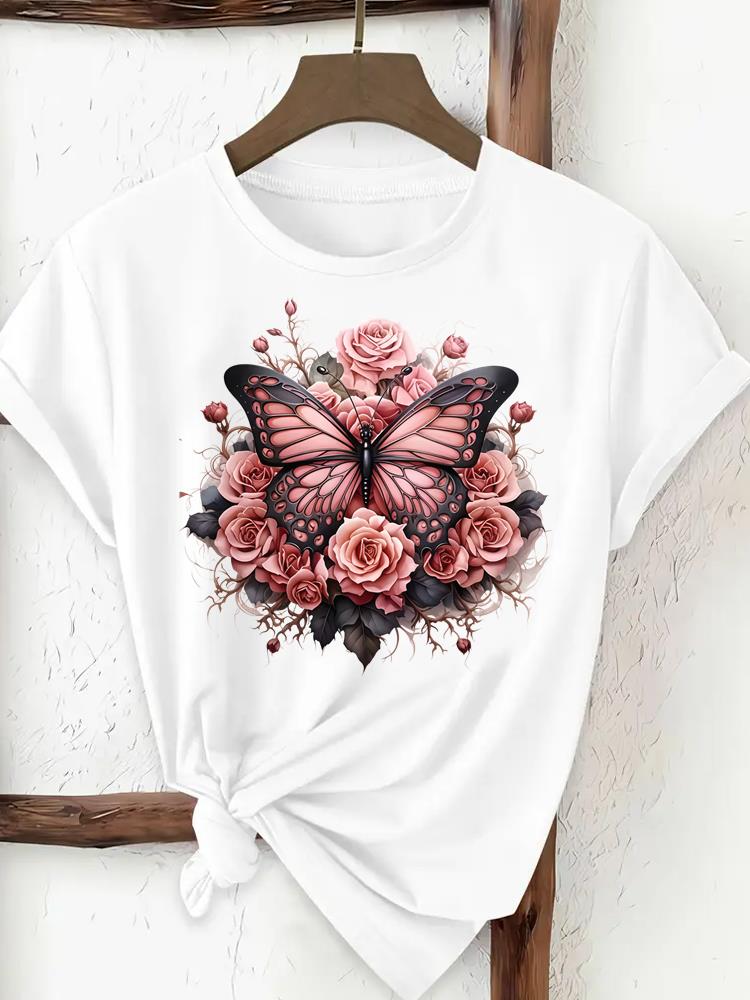 (Asian Size) trend flower cute Woman Women Fashion Tee Top Print Female Clothing Short Sleeve T Shirt Graphic T-shirts