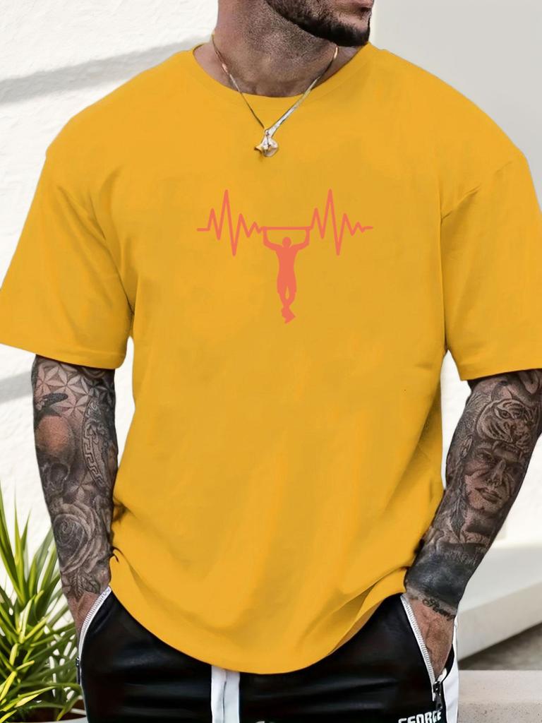 Mens Casual Tshirt Gymnastics Heartbeat Print Short Sleeve Round Neck Breathable Soft Oversized Sporty Daily Tee
