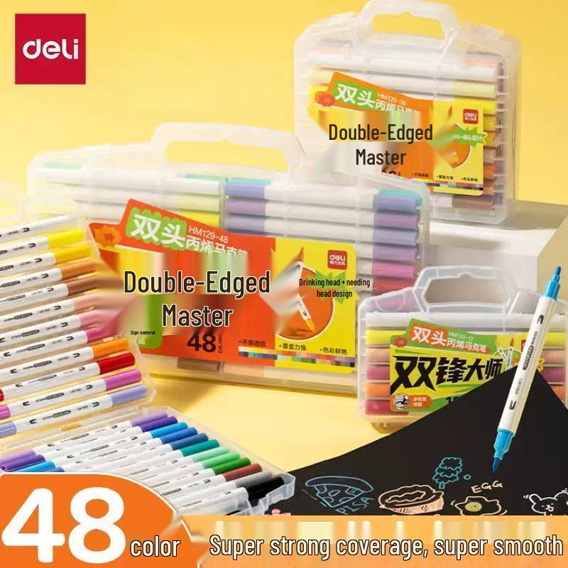 Deli HM129 Dual-Tip Acrylic Marker Pens for Kids & Students: Stackable, Opaque Colors, Ideal for Watercolor Art.