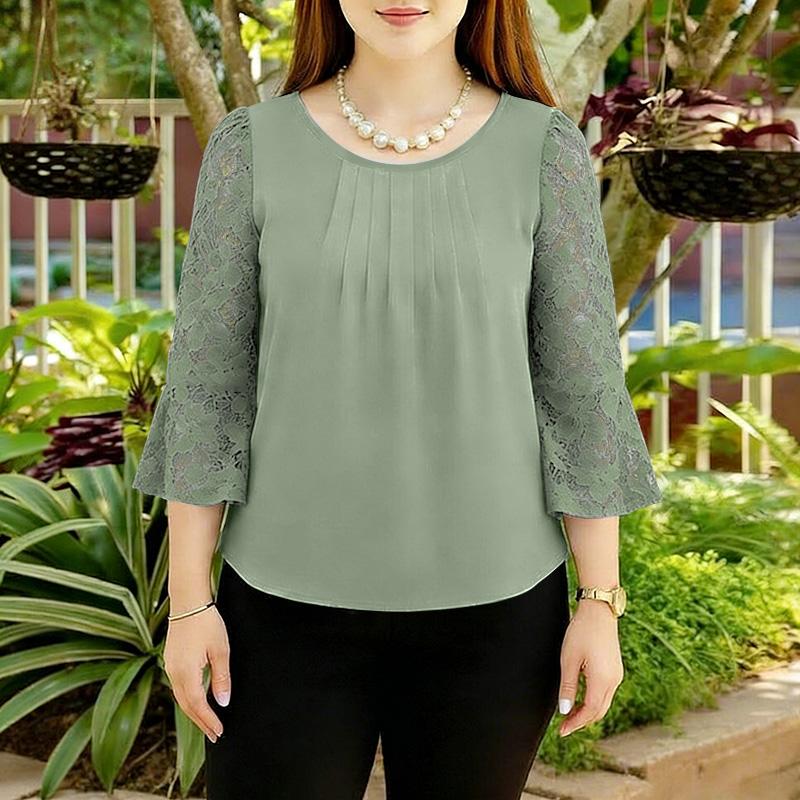 ZANZEA Women Casual Round Neck Loose Lace Splice 3/4 Sleeve Blouse
