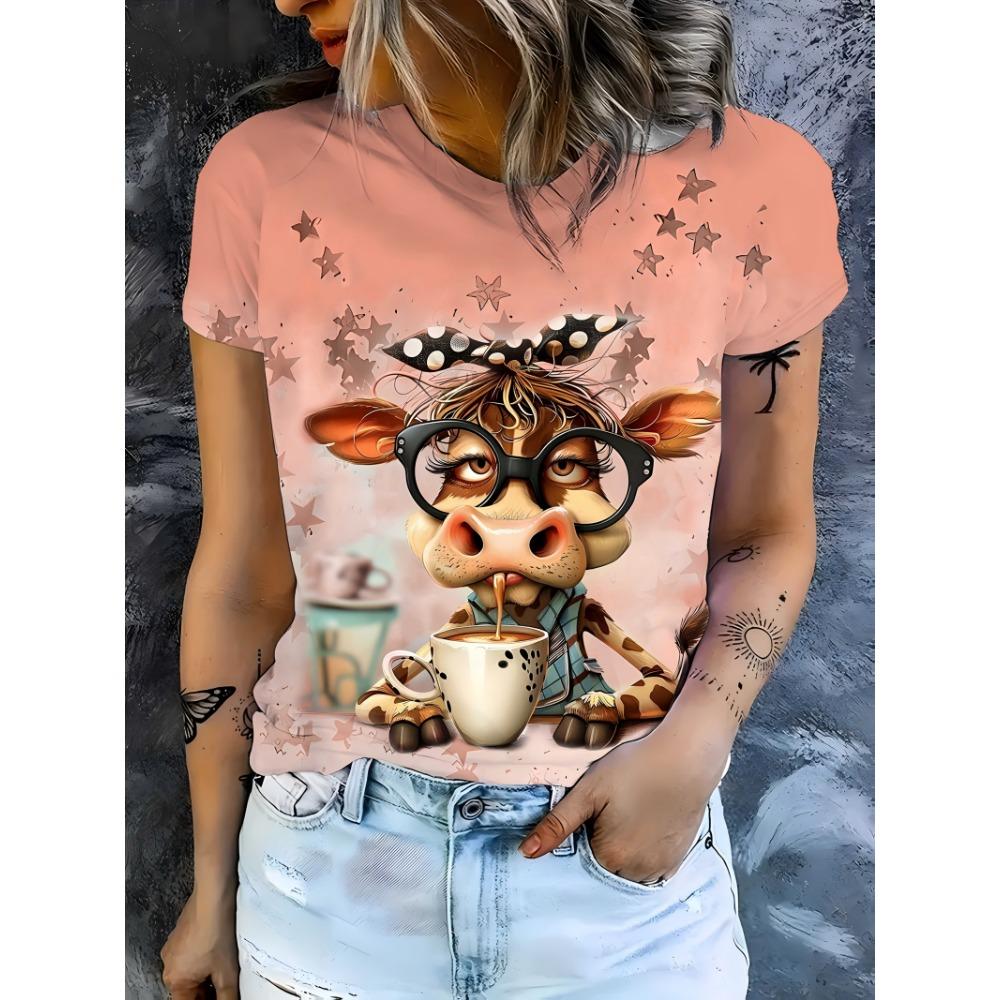 

Women s T-shirt - Cute coffee cow and star pattern, playful cartoon animal design XS