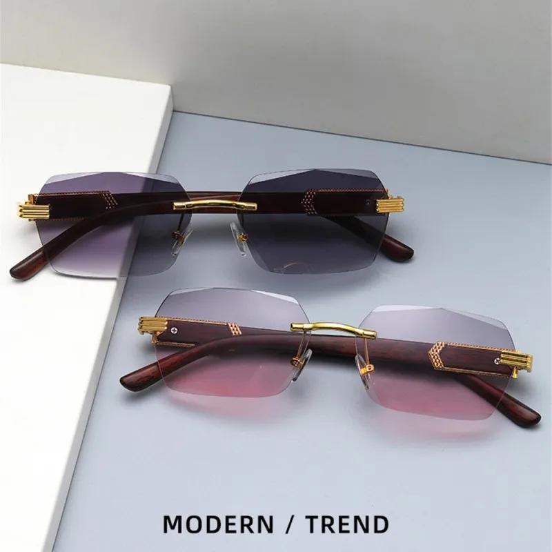 Men Luxury Rimless Sunglasses Rectangle Anti UV400 Lens with Wooden Grain Leg Unisex Women Retro Shades Lentes Hombre
