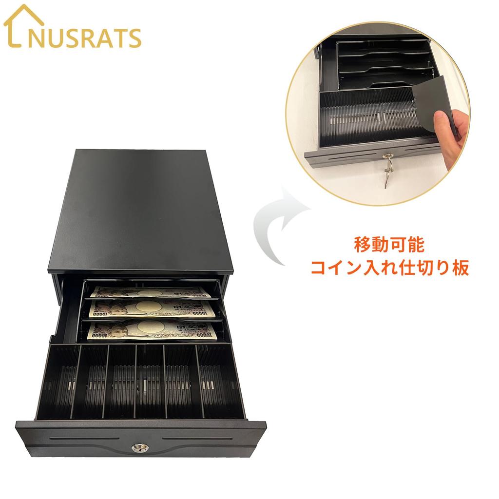 NUSRATS Manual Cash Drawer, Compact, Holds 3 Bill Types and 6 Coin Types, Removable Dividers, Dimensions: 245mm W X 320mm D X 104mm H, Black