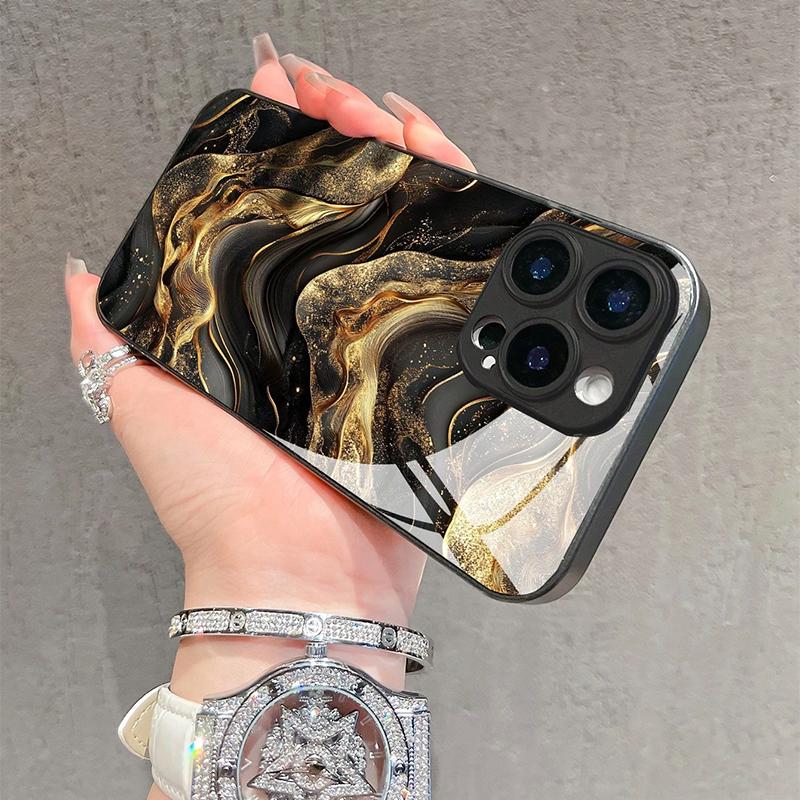 Golden Gradient Line Splice Pattern Tempered Glass Phone Case For iPhone 17 16 Pro Max 15 14 13 12 11 16E 7 8 Plus XR XS X Cover