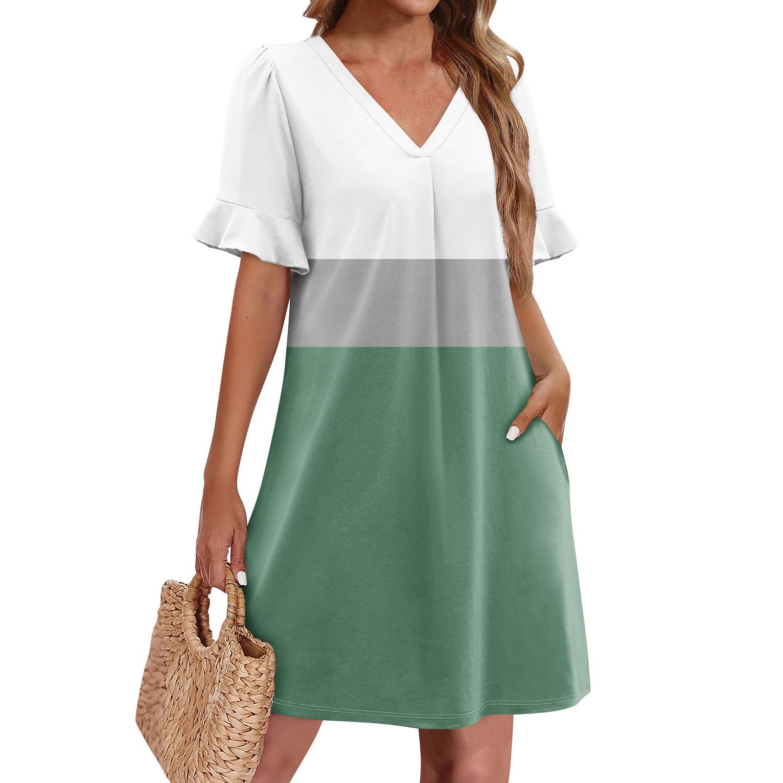 

Летние платья для женщин с V-образным вырезом, оборками и коротким рукавом, повседневное свободное платье с принтом, пляжное платье с карманами XL зелёный