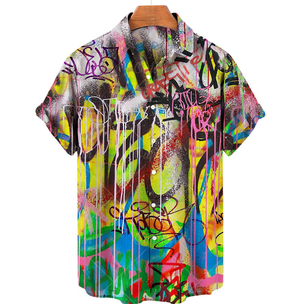 Summer 3d Graffiti Oil Painting Printed Shirt Men Fashion Streetwear Hawaiian Beach Casual Lapel Men's Short Sleeved Shirt