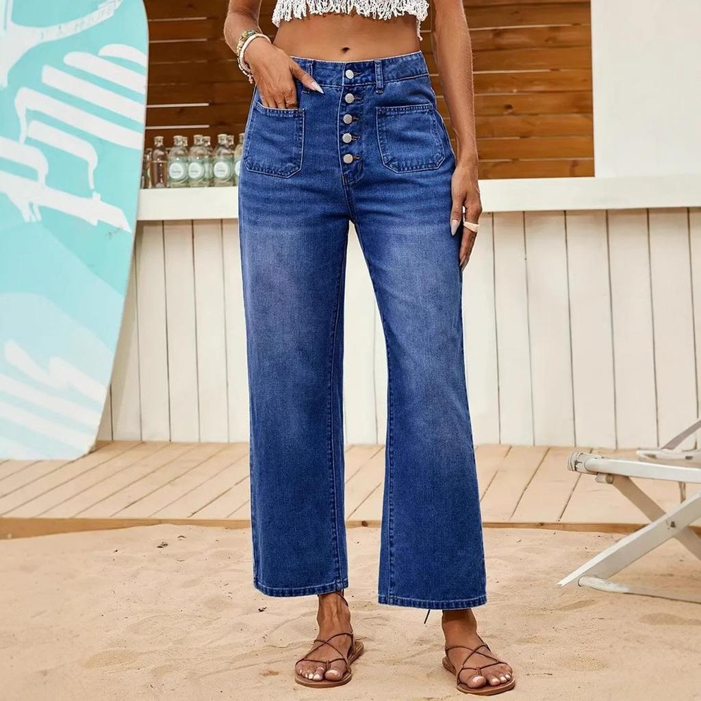 European and American Fashionable All-match Women's Jeans Button Loose Straight Pants