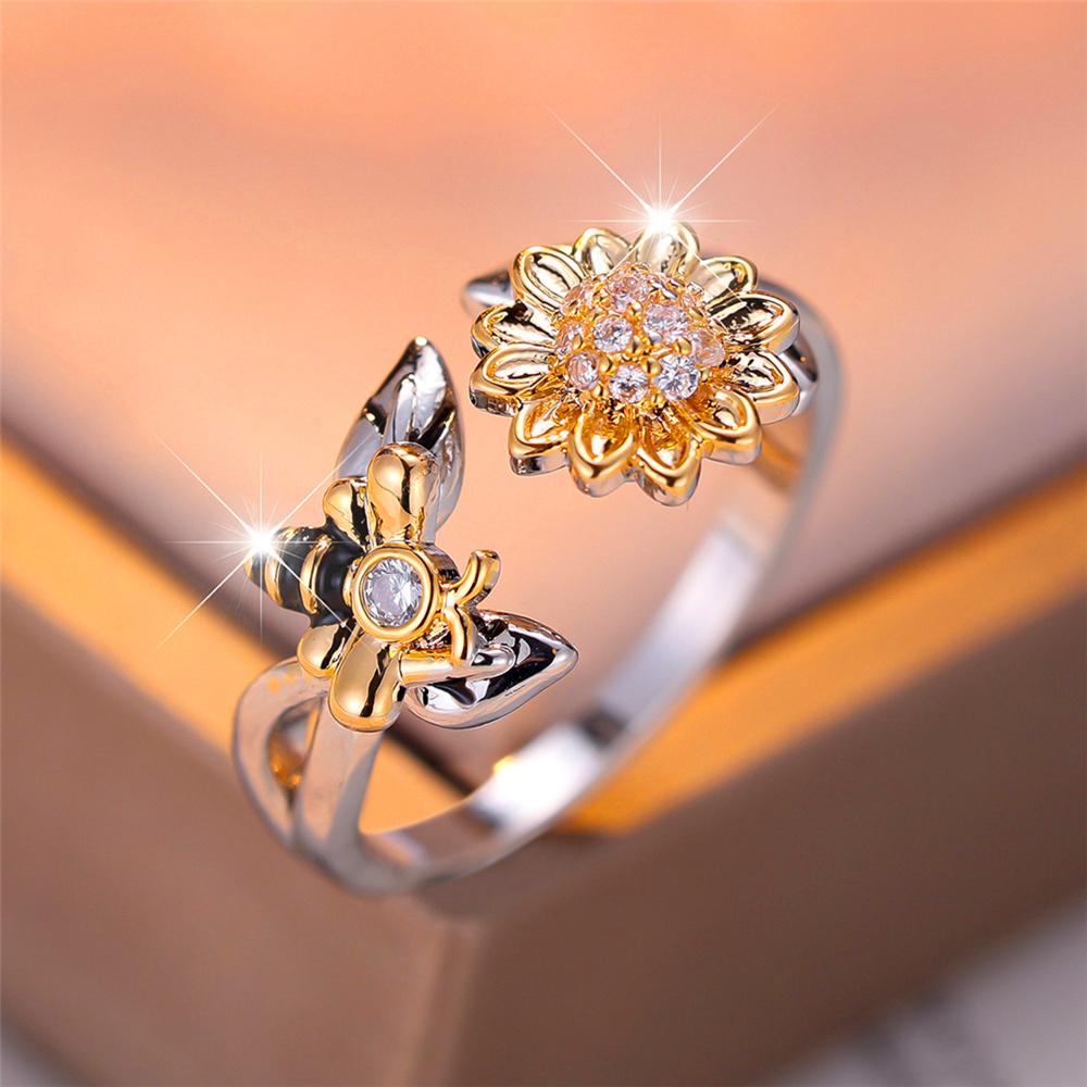 Charm Female White Crytal Adjustable Sunflower Bee Open Ring Silver Gold Color Cute Gift Wedding Jewelry For Women