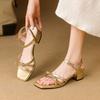 Summer Medium Heel Square Head High Heel Sandals New Women's One-word Sandals Comfortable Soft Sole Size Women's Shoes Casual