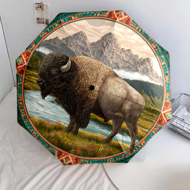

Bison pattern, automatic folding umbrella, portable and foldable design, 8 ribs, a Christmas or birthday gift.
