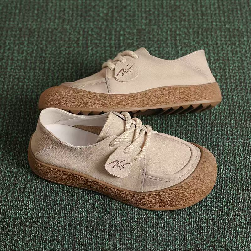 The First Layer of Cowhide Autumn Handmade Casual Shoes Retro Round Head Lace-up Soft Leather Soft Sole Flat Heel Single Shoes Women's Shoes