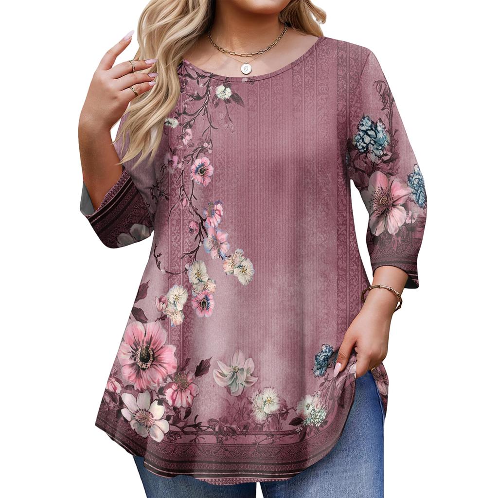 Top Moda da Donna Stampa Floreale Taglie Forti Manica 3/4 Orlo Arrotondato Girocollo