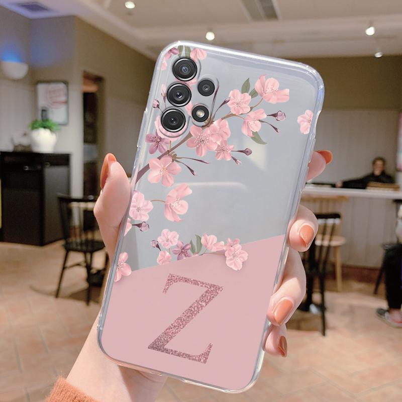 Initial Letter Case For Samsung A32 A22 A12 A13 A33 Capa Fashion Phone Cover Pink Flowers Alphabet Transparent Clear Back Funda