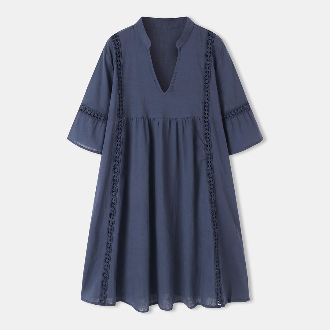 

ZANZEA Летнее свободное повседневное платье с v-образным вырезом и половиной рукавов тёмно-синий