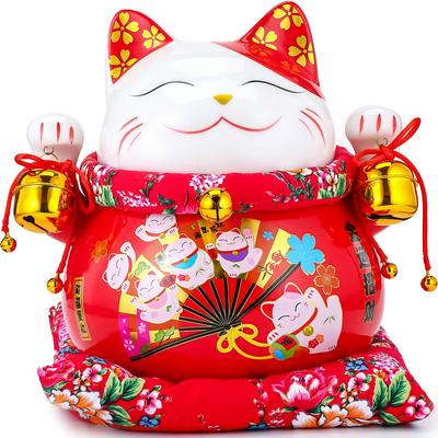 EnergyPower Maneki Neko Premium Weißporzellan Glück Glück Groß Groß Kommt mit Kissen Porzellan Maneki Neko Handbemalt Handgefertigt Katze Gut für