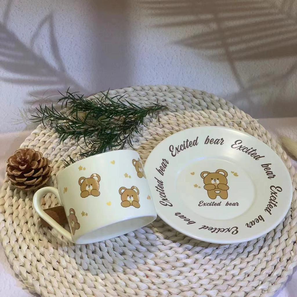 Ins Cream Wind Cartoon Biscuits Bear Cups And Saucers Simple And Delicate Dessert Plate British Niche Coffee Cup And Saucer Set