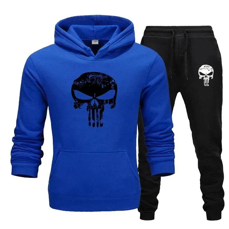 Worn-skull Men Hoodie & Jogger Set Front Vintage Scratched Skull Chest Print, Slim Bone Mark on Trousers, Thick Fleece Outfit for Outdoor Day Trips