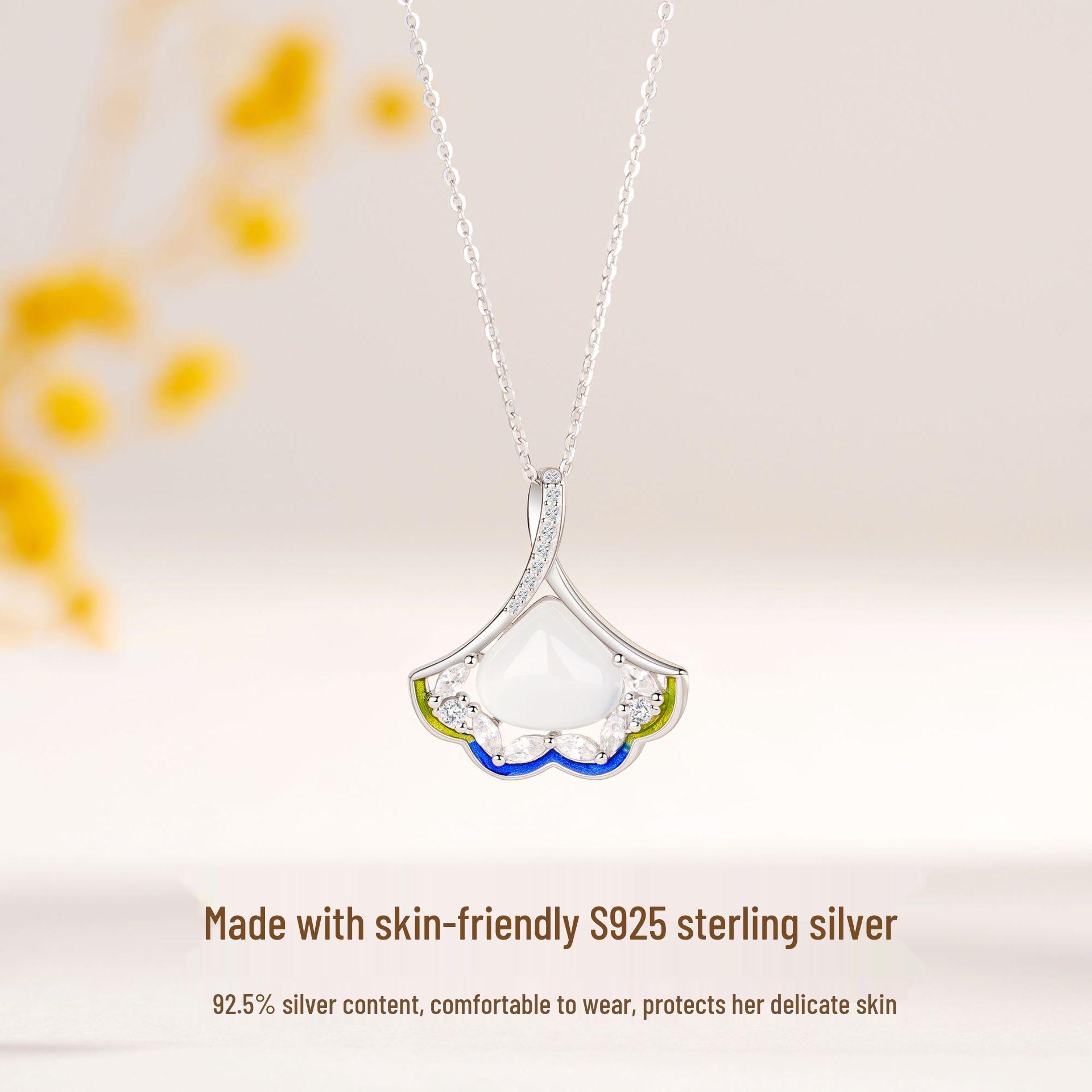 Tichiya S925 Sterling Silver Ginkgo Leaf Chalcedony Necklace for Women - Chinese Style Luxury Fan-Shaped Clavicle Chain S925 Silver