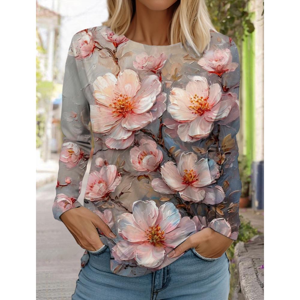 

Женская футболка с 3D-принтом в виде цветов, модный топ с длинным рукавом и круглым вырезом, обычного кроя, праздничный наряд выходного дня синего цвета, весна-осень 5XL