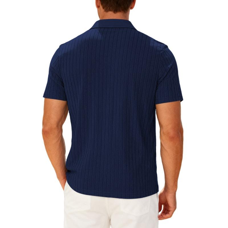 Men's New Summer Casual Breathable Terry Jacquard Lapel Striped Short Sleeve Shirt