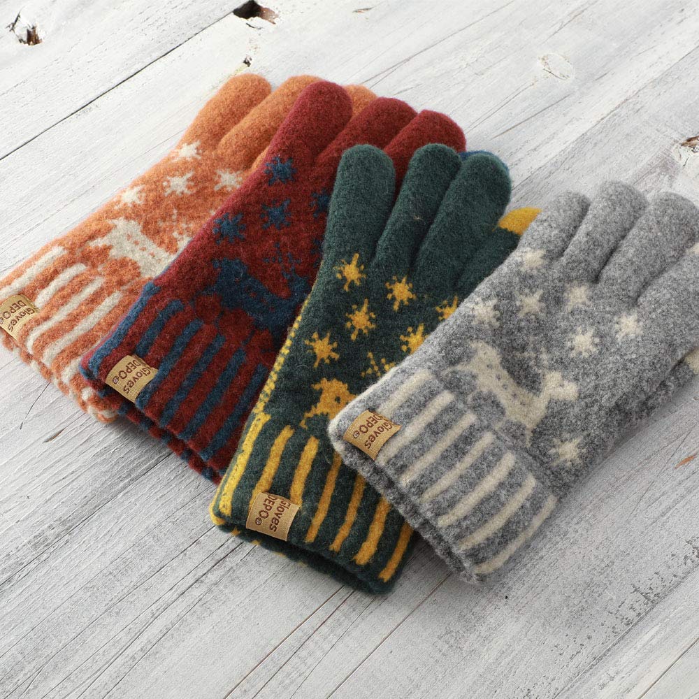 GlovesDEPO Made in Smartphone Reindeer and Snowflake Orange Women's Cashmere-Like Gloves, Japan, Compatible, Print,