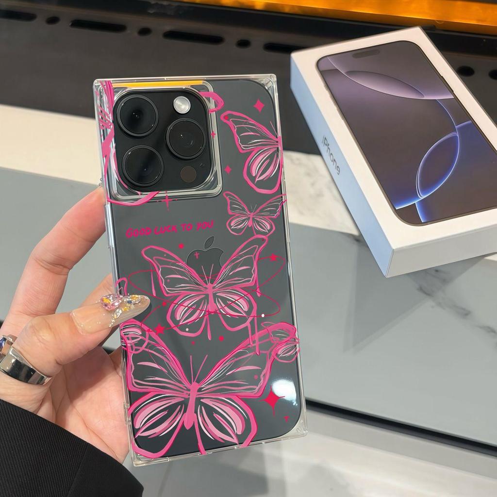 Square Back Tube Protection Clear Case For iPhone 13 15 Plus 11 12 14 Pro Max 16 ProMax Anti-Oxygen,Multiple Pink Butterflies Pattern Casing