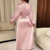 Women Summer Satin V-Neck Dress Elegant Long Gown with Puff Sleeves & Cinched Waist