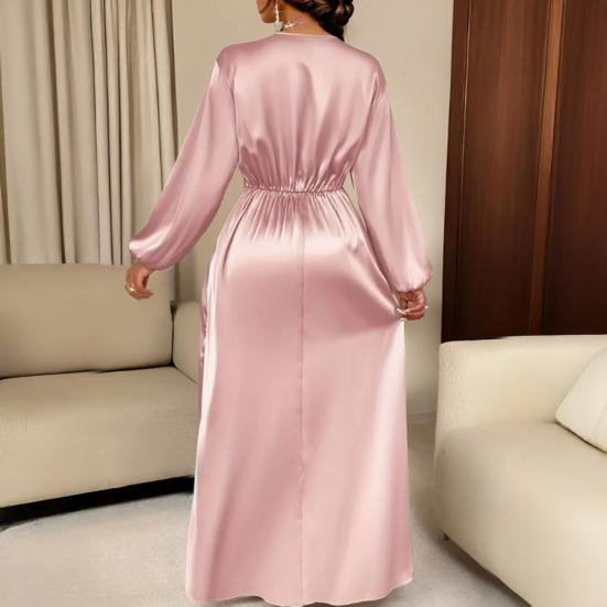 Women Summer Satin V-Neck Dress Elegant Long Gown with Puff Sleeves & Cinched Waist