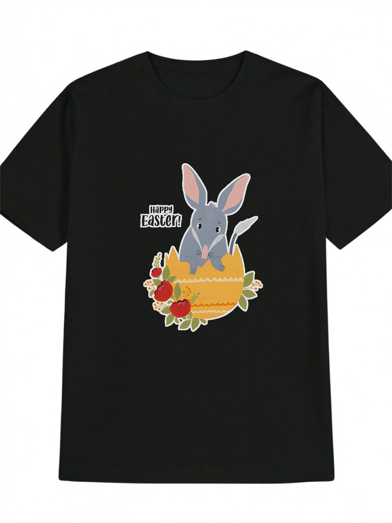 Casual Crew Neck T-shirt with  Happy Easter  Bunny Egg Print - Soft Polyester XXXL
