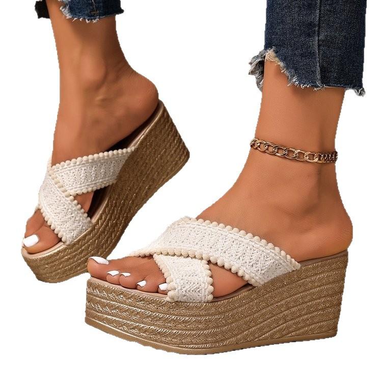 Women Fashion Cross Band High Heels Slippers Woman Plus Size Thick Sole Summer Sandles