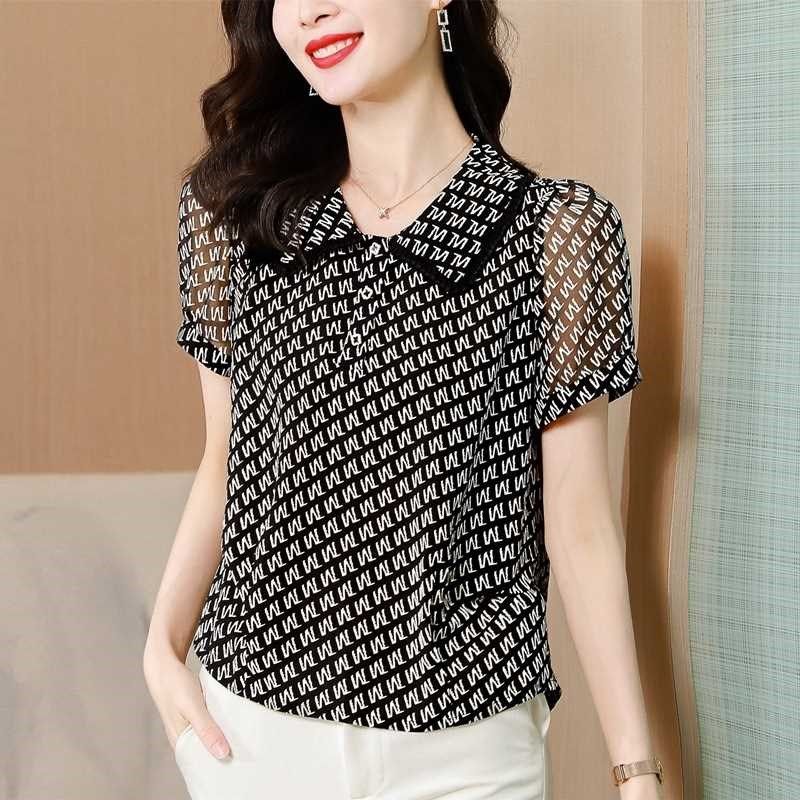 

Back Split Floral Chiffon Shirt for Women Summer New Style Black M