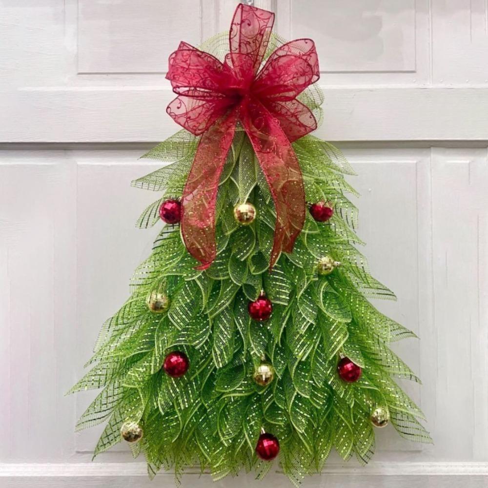 Handmade Front Door Christmas Tree Wreath Simulation Christmas Wreaths Xmas Tree Wreath Red Bow-non-luminous