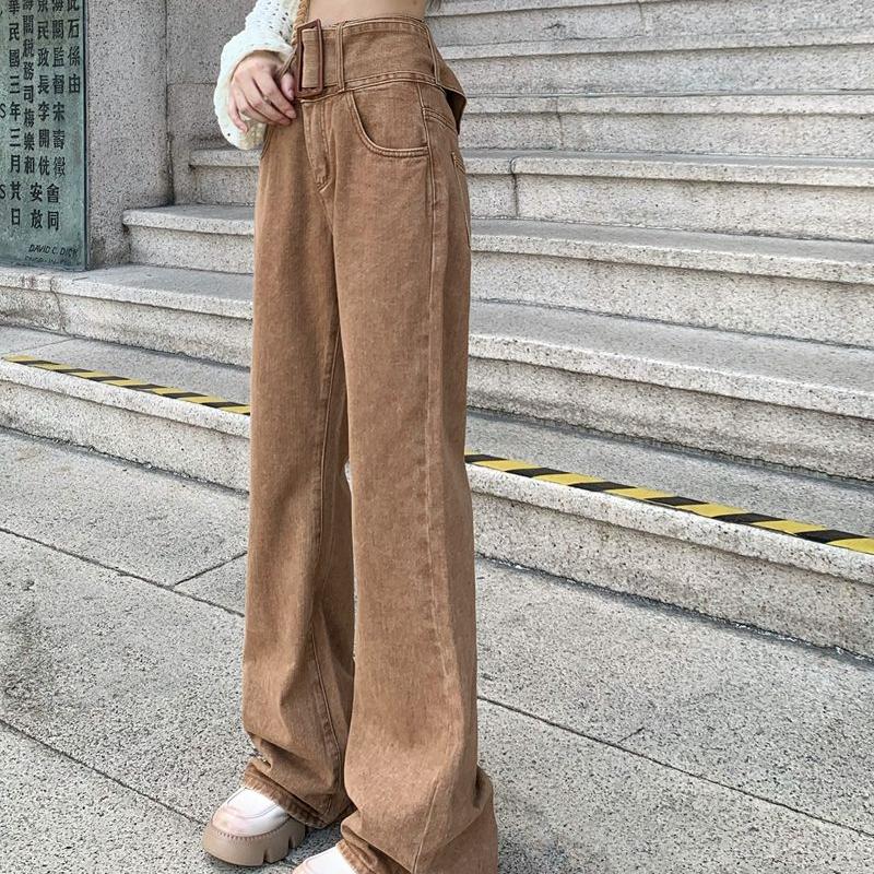 Módní džíny pro ženy Vintage Streetwear Vysoký pas Široké nohavice Kalhoty s páskem Stylové College Volné Ležérní kalhoty