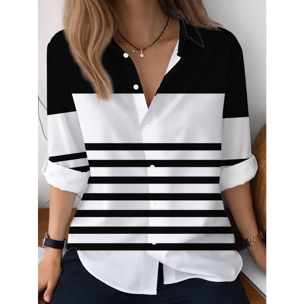 Stylish lapel striped long-sleeved shirt, simple commuter single-breasted cardigan top
