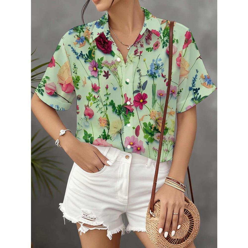 

Women s Casual Short-sleeve Shirt with a Light Green Base Adorned with Colorful Small Floral Patterns S